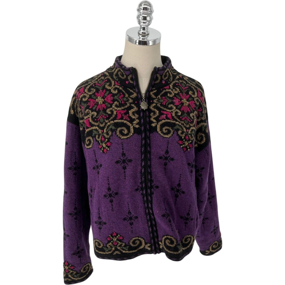 Icelandic Design Sweater Jacket Women Size Large Purple Fair Isle Full Zip Wool